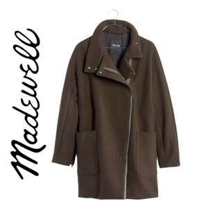 Madewell City Grid Funne Neckl Wool Coat in Olive Green Sz: 2